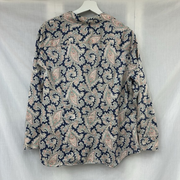 Chaps No Iron Button Front Shirt SZ 1X Blue Pink Paisley Cotton Long Sleeve Top - Picture 12 of 13